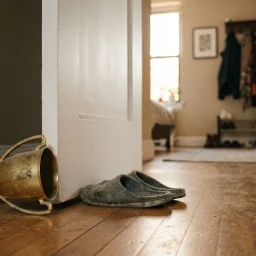 Troféu dourado usado como calço de porta num corredor comum, com poeira e um par de chinelos ao lado