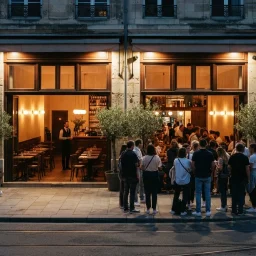 Dois restaurantes idênticos lado a lado à noite, um vazio e outro com uma longa fila de pessoas na calçada