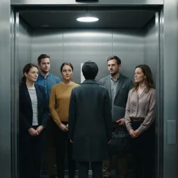 Elevador com cinco pessoas voltadas para a porta e uma virada de costas, provocando olhares desconfortáveis