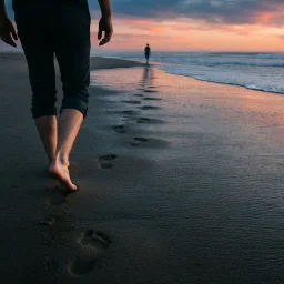 Pessoa caminhando na areia molhada pisando exatamente nas pegadas deixadas por outra pessoa à frente
