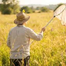 Pessoa com rede de caçar borboletas procurando no campo enquanto uma borboleta amarela pousa tranquila no seu chapéu