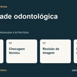 Diagrama sobre publicidade odontológica com quatro pontos: pauta, checagem técnica, revisão de imagem, publicação responsável.