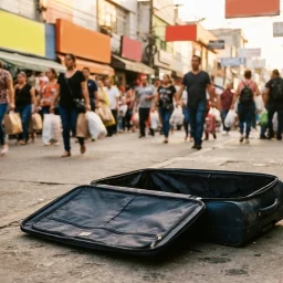 Black Friday no Paraguai: mala de viagem vazia e aberta sobre a calçada de uma rua de comércio movimentada