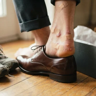 Custo afundado: pé com curativos no calcanhar entrando num sapato social elegante e caro