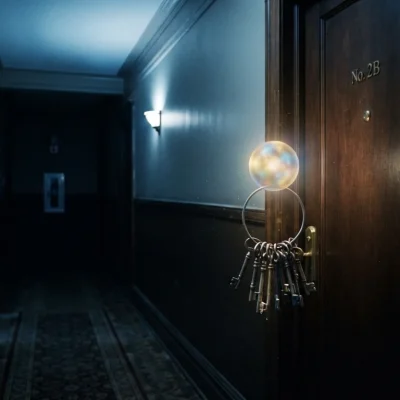 Dots OpenAI: pequena esfera luminosa flutuando diante de uma porta, segurando um molho de chaves num corredor escuro