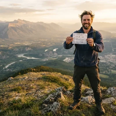 Efeito Dunning-Kruger: homem confiante segurando um mapa pequeno à beira de um território enorme que o mapa não mostra