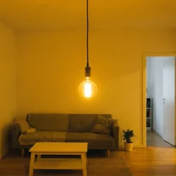 Efeito halo: sala de estar inteiramente tingida pela luz de uma única lâmpada amarela pendurada no teto