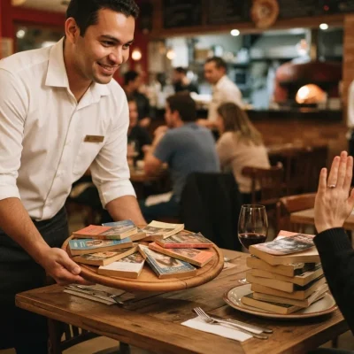 Kindle Unlimited vale a pena: garçom serve livros como fatias de pizza a um cliente de prato cheio