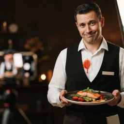 Kit para gravar vídeos em casa: garçom com mancha de molho na camisa, filmado com softbox e tripé