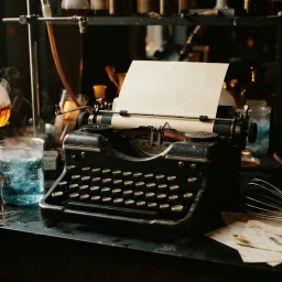 Livros de copywriting: máquina de escrever numa bancada de laboratório entre frascos e um batedor de cozinha