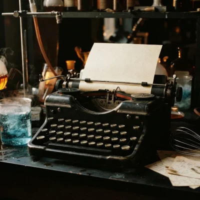 Livros de copywriting: máquina de escrever numa bancada de laboratório entre frascos e um batedor de cozinha