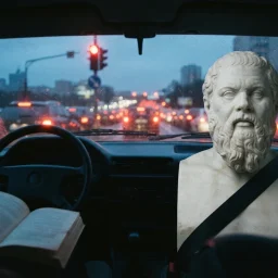 Livros de estoicismo para iniciantes: busto clássico de mármore, sereno, diante de um semáforo vermelho