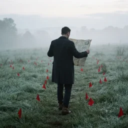 Livros de Robert Greene: homem atravessa um campo com um mapa antigo, desviando de bandeiras vermelhas