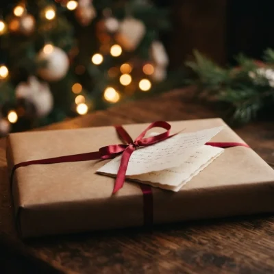 Livros para dar de presente: livro embrulhado em papel kraft com um bilhete dobrado preso no laço, sob luzes de Natal
