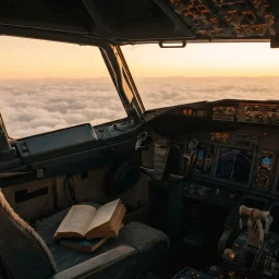 Livros parecidos com Hábitos Atômicos: cabine de avião vazia em piloto automático, com um livro aberto no assento do piloto