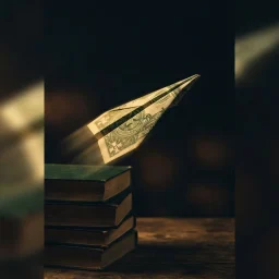 Livros parecidos com Quem pensa enriquece: avião de papel feito de uma nota decolando de uma pilha de livros, sem pista de pouso à vista