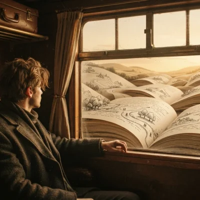 Livros sobre storytelling: passageiro de trem olha uma paisagem feita de páginas de livro