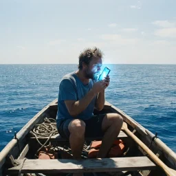 Livros sobre vício em celular: pessoa num bote no meio do mar segurando um celular como se fosse um cantil