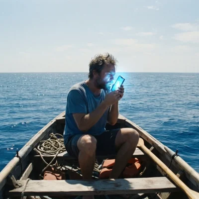 Livros sobre vício em celular: pessoa num bote no meio do mar segurando um celular como se fosse um cantil