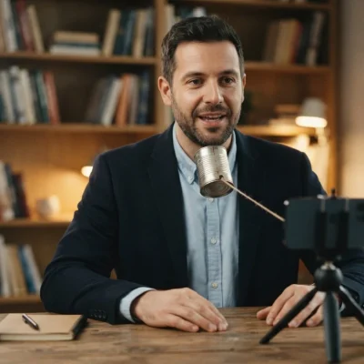 Microfone de lapela para celular trocado por uma lata com barbante presa na camisa de um criador