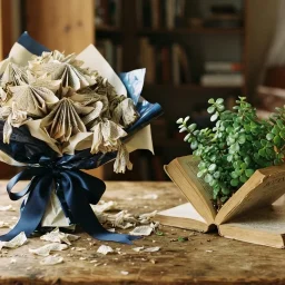 Presentes para quem gosta de ler: buquê de flores de páginas murchando ao lado de uma planta que brota de um livro