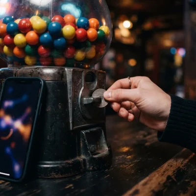 Psicologia das apostas: mão inserindo moeda numa máquina de chiclete antiga, com bolinhas coloridas e um celular encostado na base