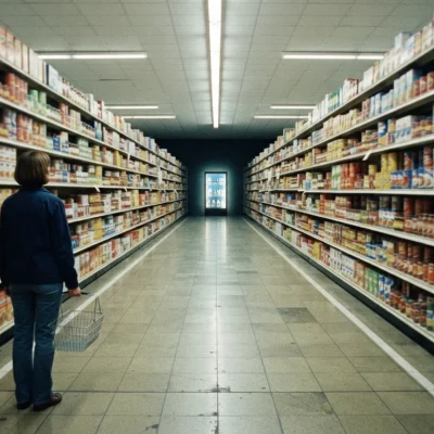 Psicologia do supermercado: corredor de mercado longuíssimo como uma estrada, com a geladeira de leite minúscula no fim