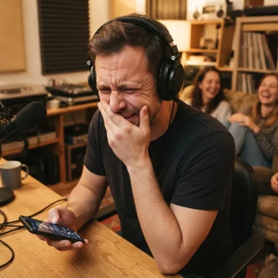 Voz gravada: homem ouvindo a própria gravação no fone, com expressão de constrangimento, enquanto a plateia ao fundo sorri